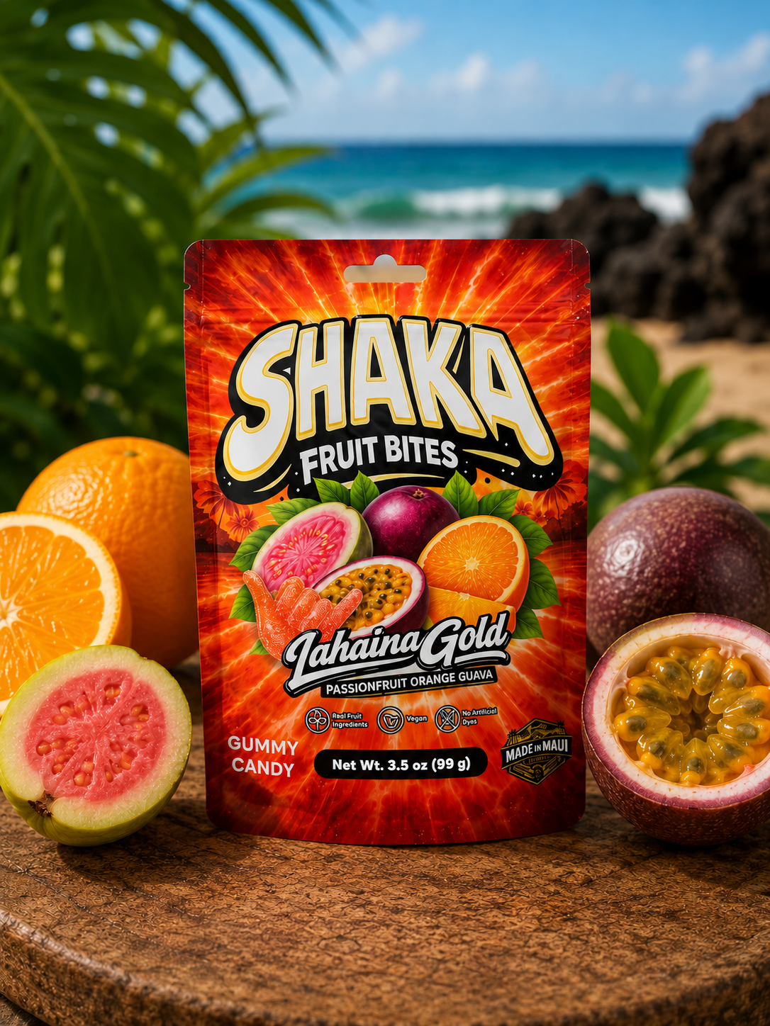 Shaka Fruit Bites - Lahaina Gold – Passionfruit Orange Guava Gummies (3.5 oz)